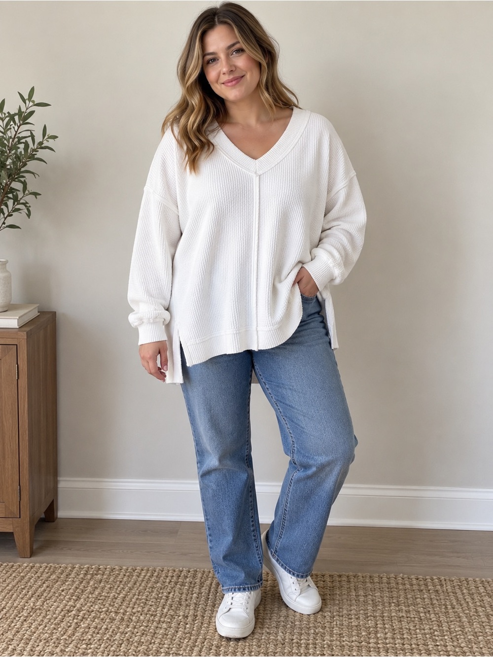 Aerie Wonder Textured Oversized V-Neck Waffle Sweatshirt White L - Picture 2 of 5